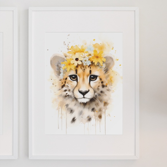Cute Floral Cheetah Watercolor Wall Art Illustration Print Poster Card Unframed - Picture 7 of 7